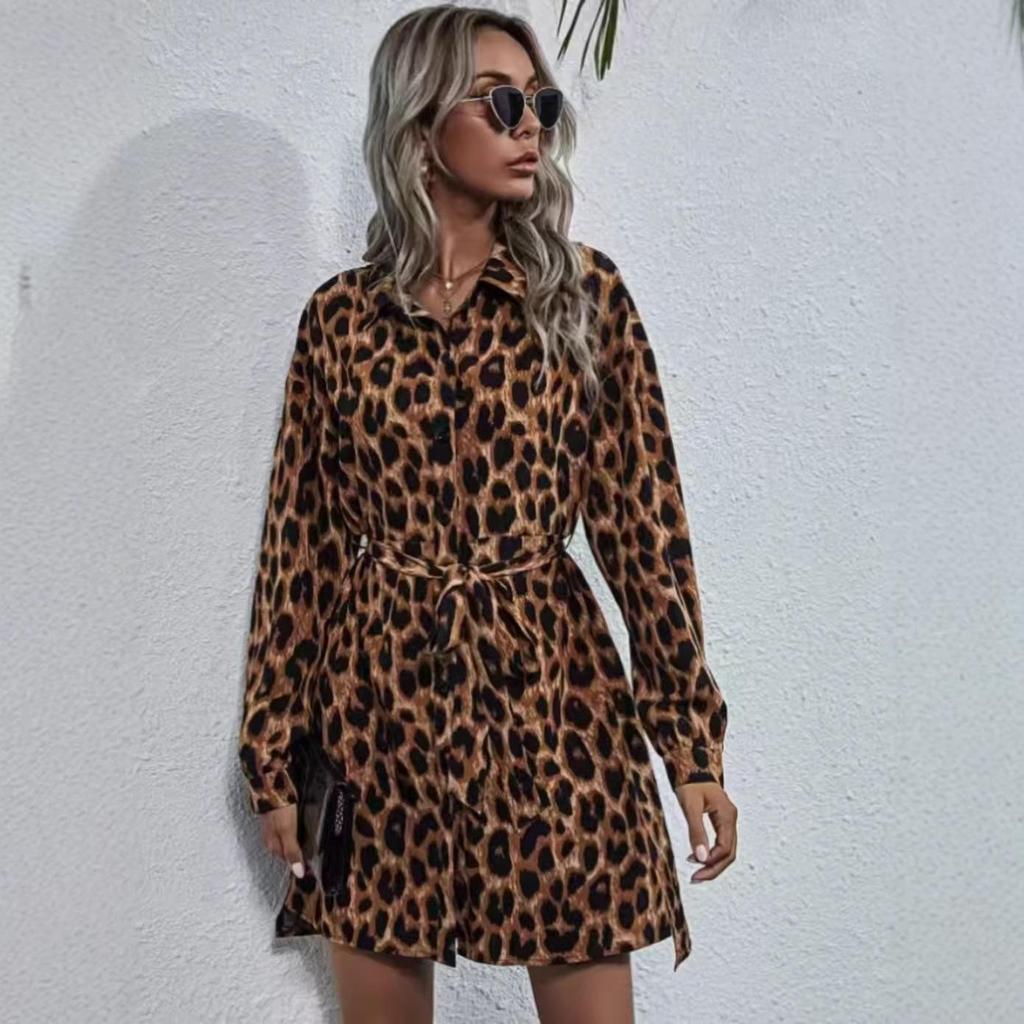 V-Ausschnitt Leo-Print Blumenkleid - Neuer Stil 2025, Europäische & Amerikanische Mode, Lässiges Langarm Damenbekleidung