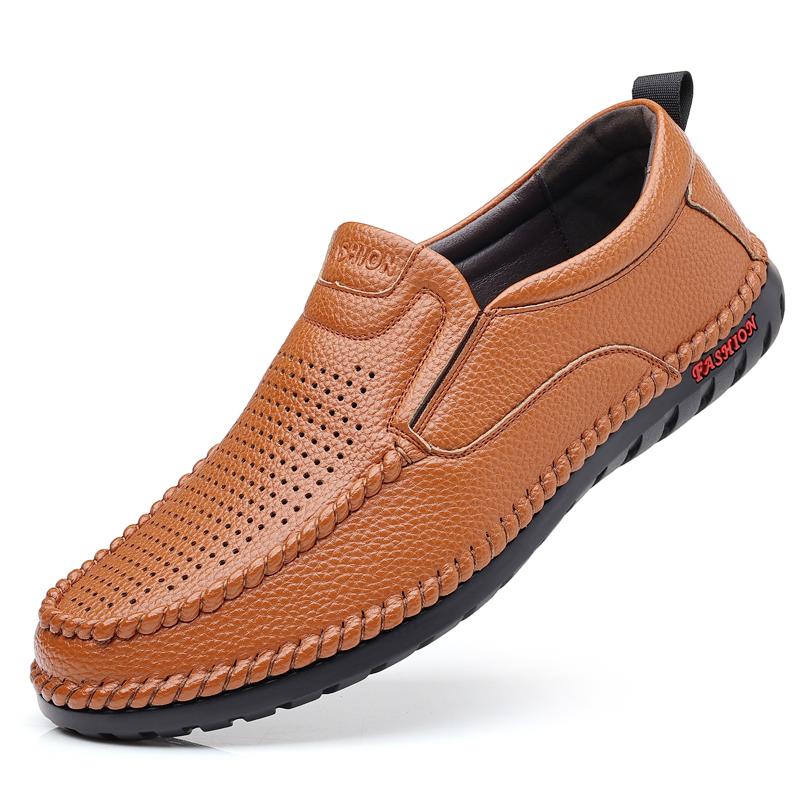 Fashion Men's Genuine Leather Casual Shoes Hollow Breathable Flat Shoes Men's Fashion Office Business Shoes Handmade Soft Sole Shoes