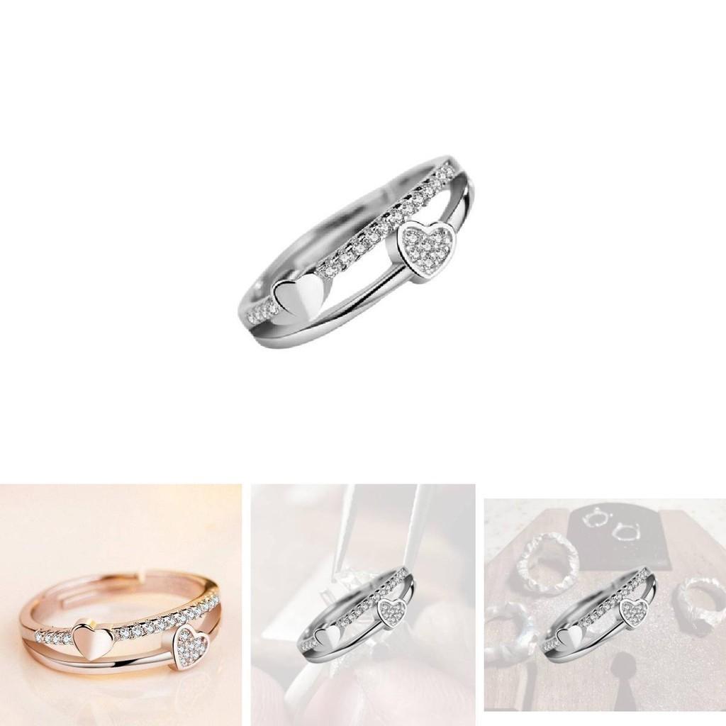 Three Jie Heart Shaped Diamond Inlaid Adjustable Opening Ring Wholesale Silver Jewelry