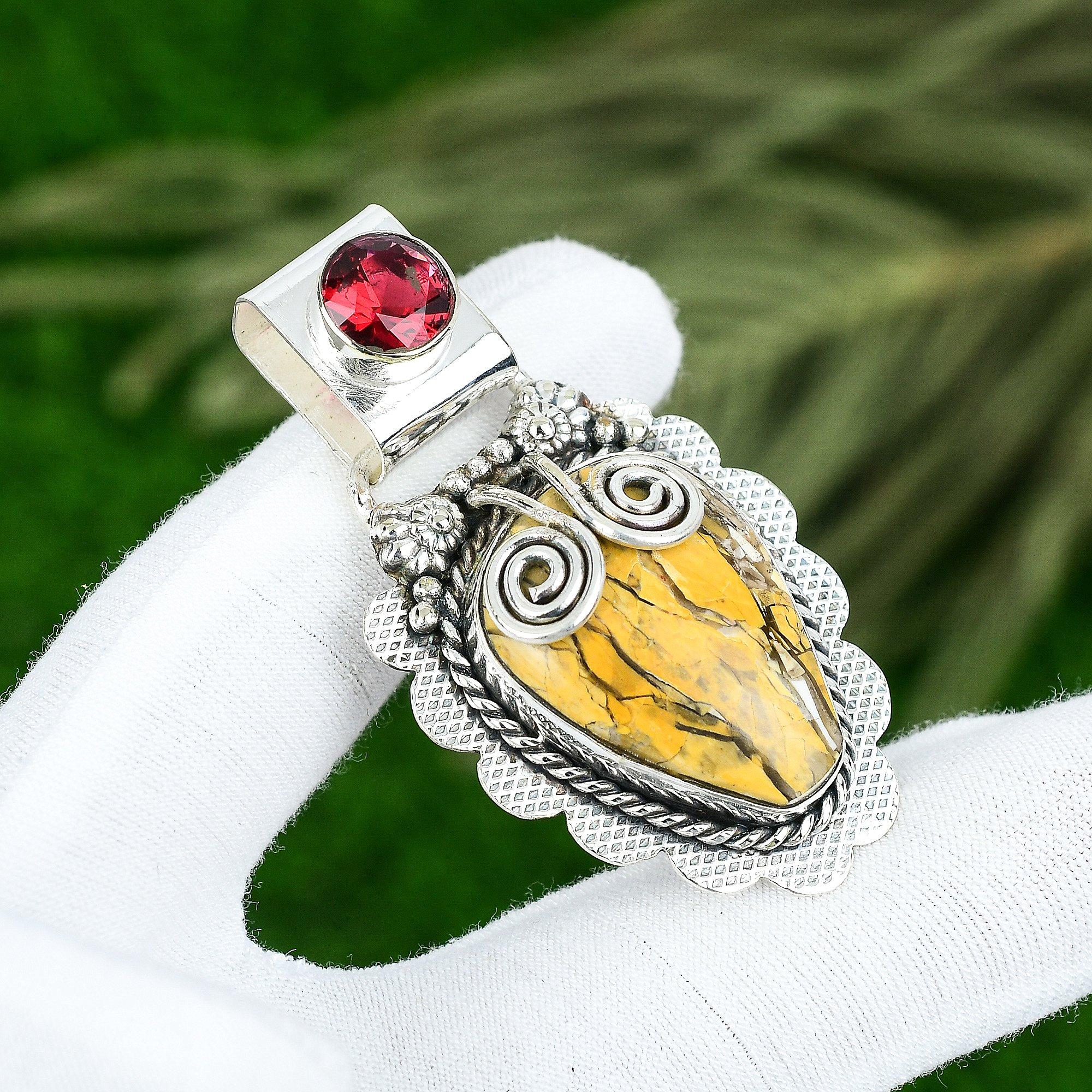 

925 Silver Pear Brecciated Mookaite Stone Mozambique Garnet Art Deco New Pendant