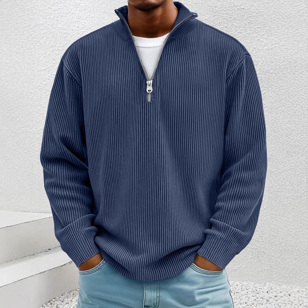 Men's 2025 European Autumn Corduroy Pullover Hoodie with Stand Collar and Zipper, Long Sleeve.