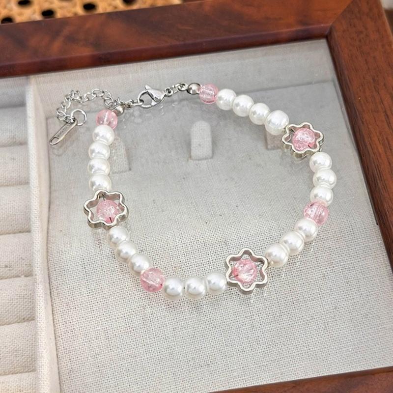Stylish Bracelet with Heart Shaped Flower Imitation Pearls Wrist Jewelry Adjustable Size Perfect for Daily Wear
