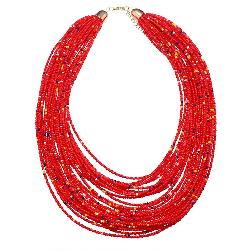 Bohemian multi-layer rice beads short necklace earrings retro exaggerated personality women's sweater chain accessories
