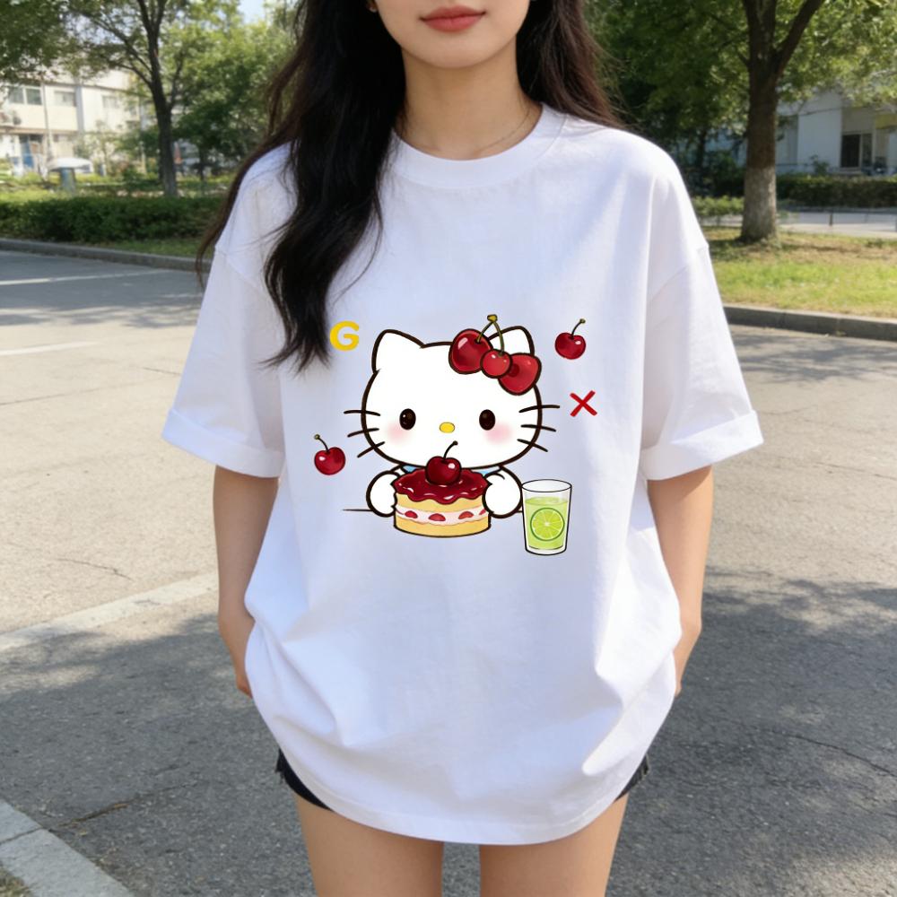 2026 Summer Hello Kitty Cartoon Printed Short Sleeve Pure Cotton Tshirt Womens Family Matching Outfits Classic Fashion Tee Top