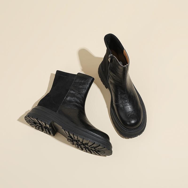 

Hand-scratched leather autumn and winter Merard British style platform short boots women s side zipper double suede Chelsea single boots 35 чёрный