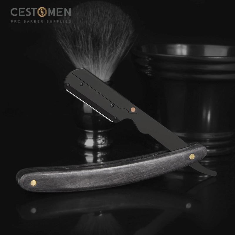 CESTOMEN Herren Rasierer mit gerader Kante, Edelstahl, professioneller Friseurmesserhalter, zusammenklappbar, Holz, manuelles Rasieren, Rasierer, Friseur-Werkzeuge
