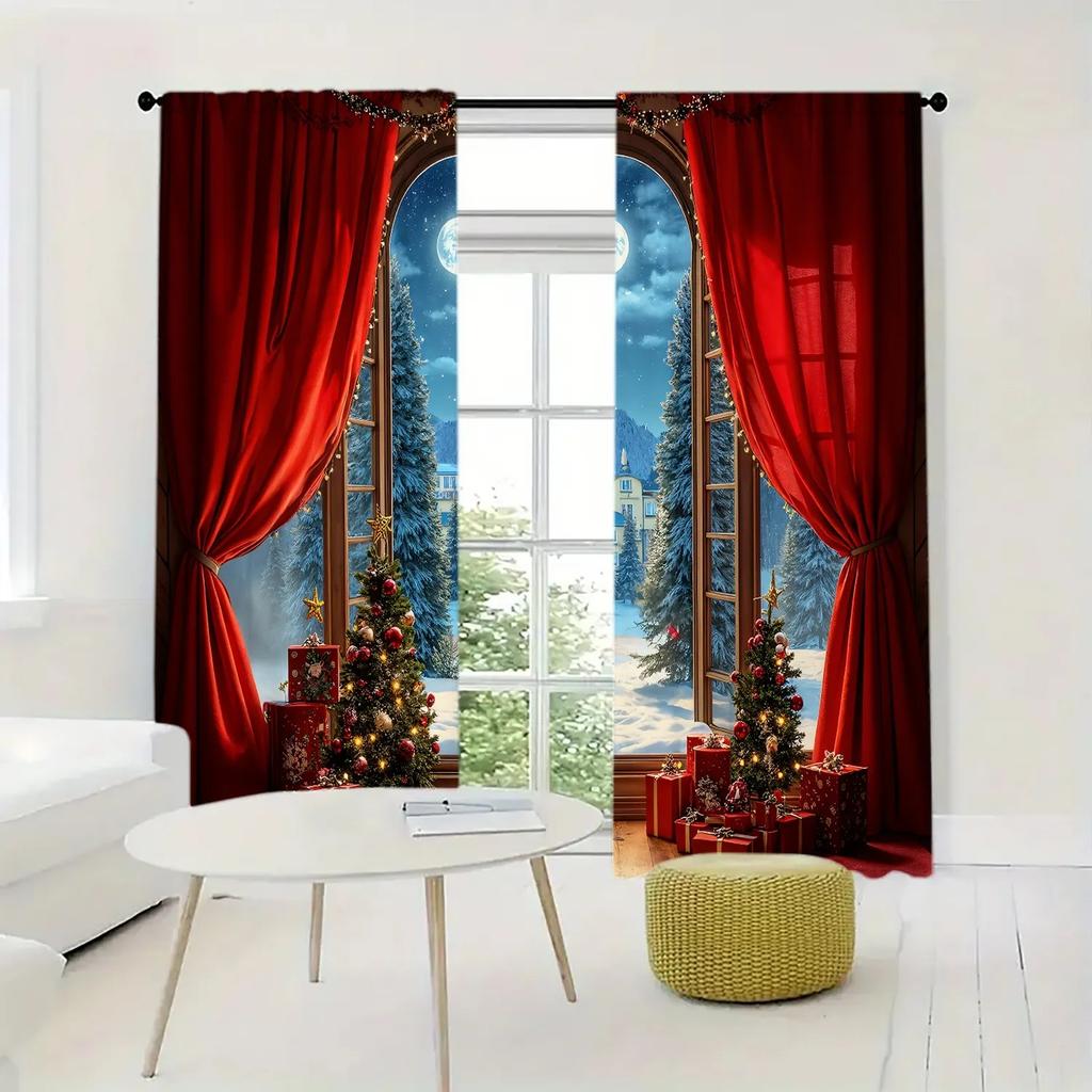 Set Of 2 Jit Christmas Tree Pattern Curtains Insulated Holiday Window Decor Home Curtain Thermal With Rod Pocket Polyester