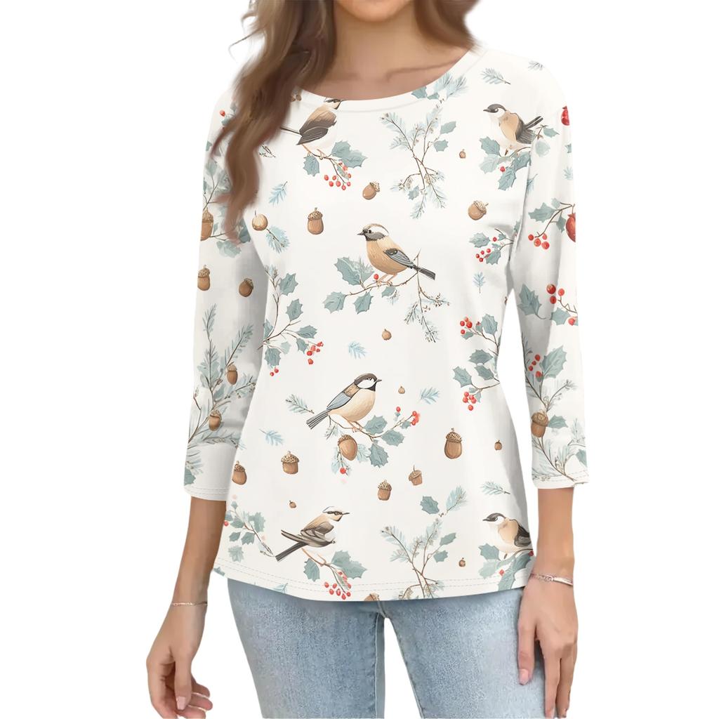 Women's Casual Round Neck Three Quarter Sleeve T Shirt Autumn Print Lightweight Soft Fabric Comfortable Fit Relaxed Style