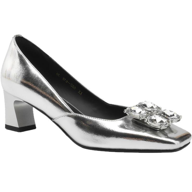 Temperament Versatile High Heels Women's 2025 New Spring and Summer Women's Shoes Square Head Silver Rhinestone Light Mouth Work Shoes