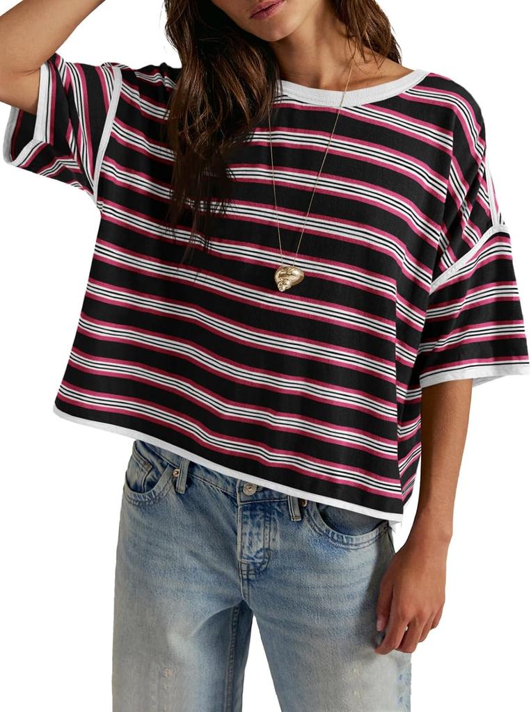 Womens Oversized Striped T Shirt Summer Short Sleeve Boxy Drop Shoulder Cropped Tee