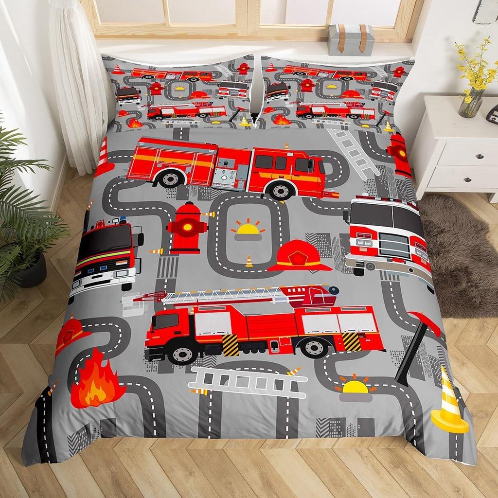 Cartoon Fire Engine Duvet Cover Full Queen King Red Car City Rescue Vehicles Bedding Set, Watercolor Flame Print Comforter Cover