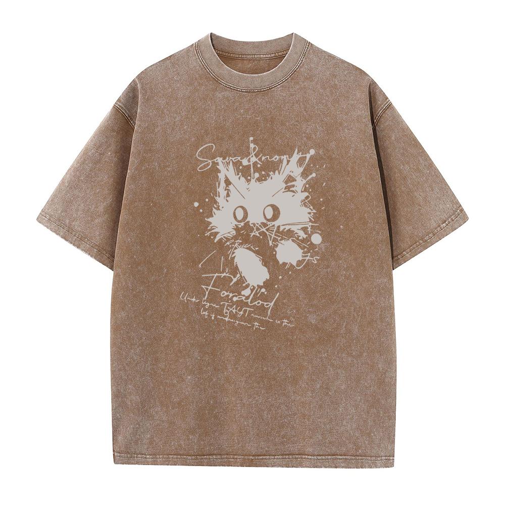 Spring Summer New Washed TShirt Loose Fitting Casual Cat Print Pure Cotton Crew Neck Short Sleeve Retro Street Style