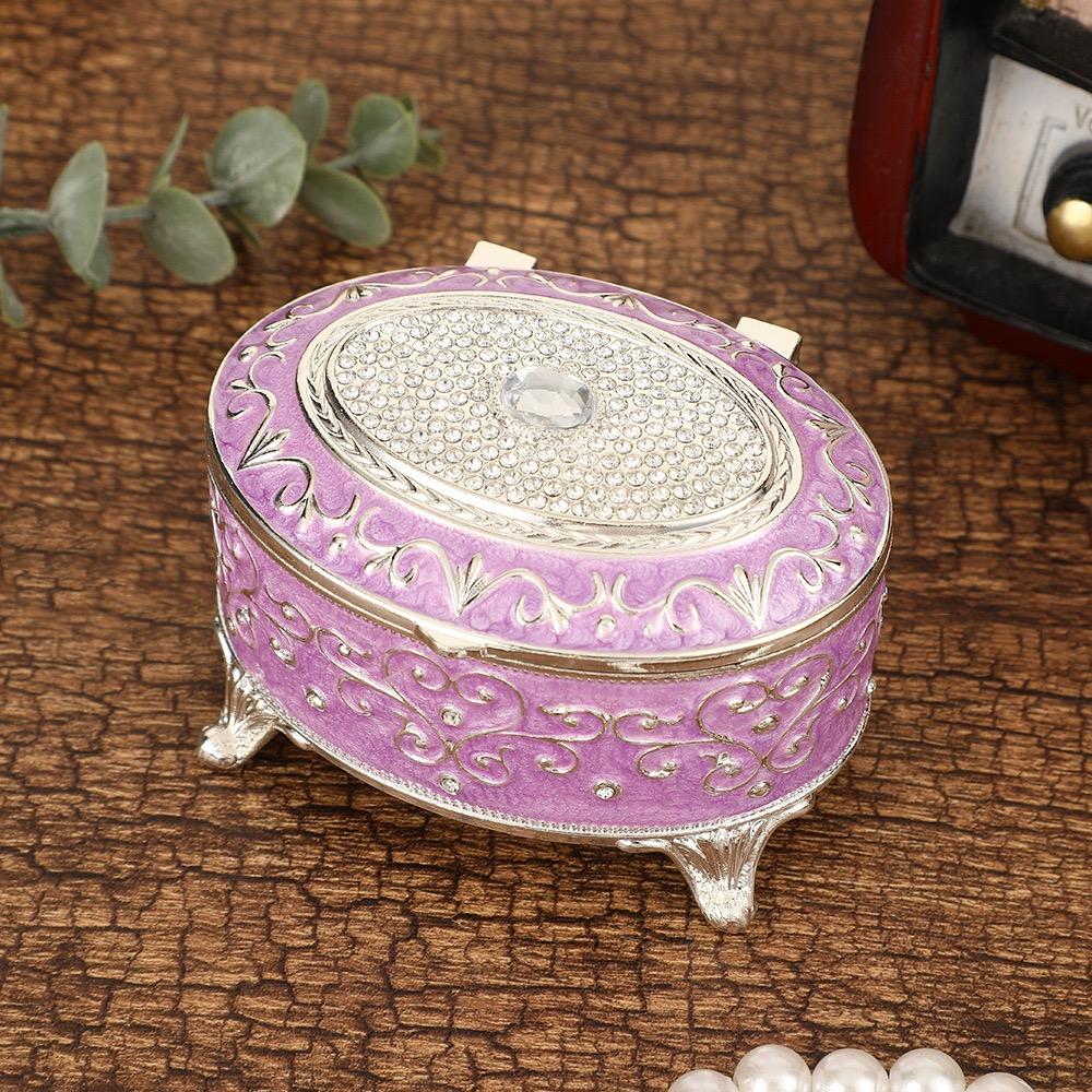 European Style Mini Jewelry Storage Box Organizer Portable Ellipsoid Inlaid Gem Alloy Necklace Ring Storage Dresser Display Case