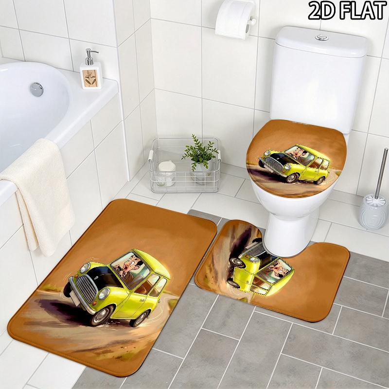 3pcs Mr. Bean Pattern Flannel Nonslip Absorbent Washable Decorative Bathroom Home Toilet Seat Cover Mat