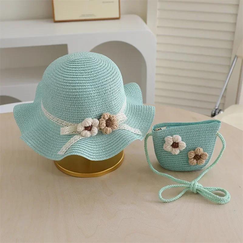 Summer Straw Hat and Bag Set for Girls 3D Flower Lace Bow Wide Brim Fisherman Cap and Crossbody Bag Cute Children's Sun Hat