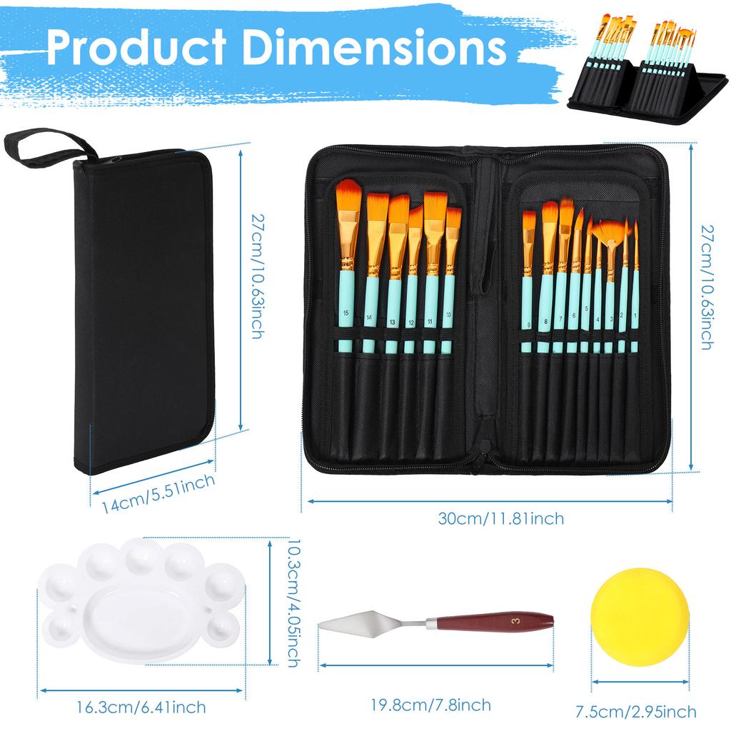 15Pcs Paint Brush Set Protable Nylon Hair Acrylic Painting Brush Kit with Storage Standable Case Palette Sponge Palette Knife