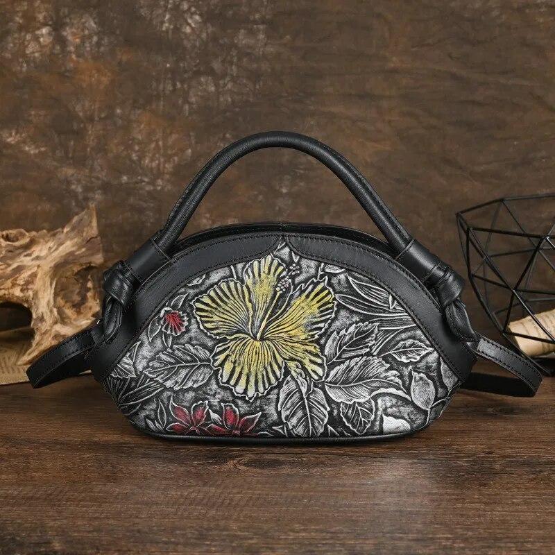 Johnature Retro ručně malovaná pravá kůže embosovaná dámská taška Univerzální tašky přes rameno a crossbody z hovězí kůže