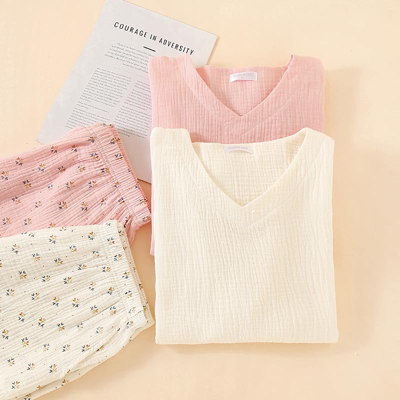 Marshmallow Double Comfortable Loungewear Salmon Women's Spring/Summer Pajamas, 100% Cotton, Gauze, V-Neck, Moisture-Wicking, Quick-Drying, Sleepwear,