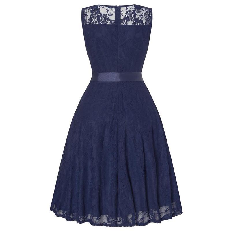 Elegante Vestito Retro Girocollo Senza Maniche con Cuciture in Pizzo, Cintura Larga e Gonna Svasata Aderente