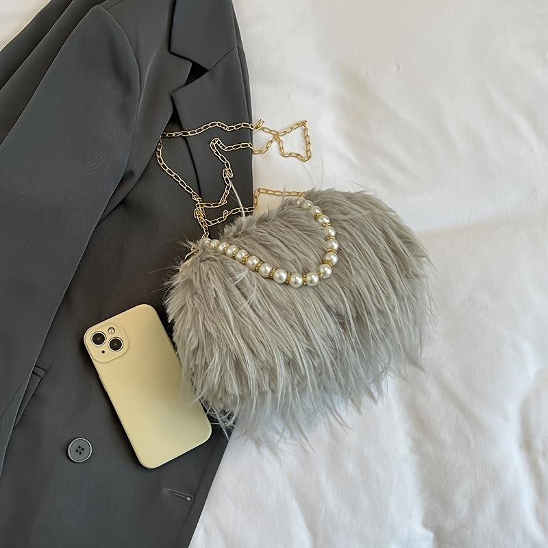 Geantă Satchel Elegantă din Blană Artificială cu Mâner de Perle Geantă de Seară Pufoasă și Moale Portofel de Damă la Modă Geantă de Mână Culoare Solidă cu Închidere Tip Kiss