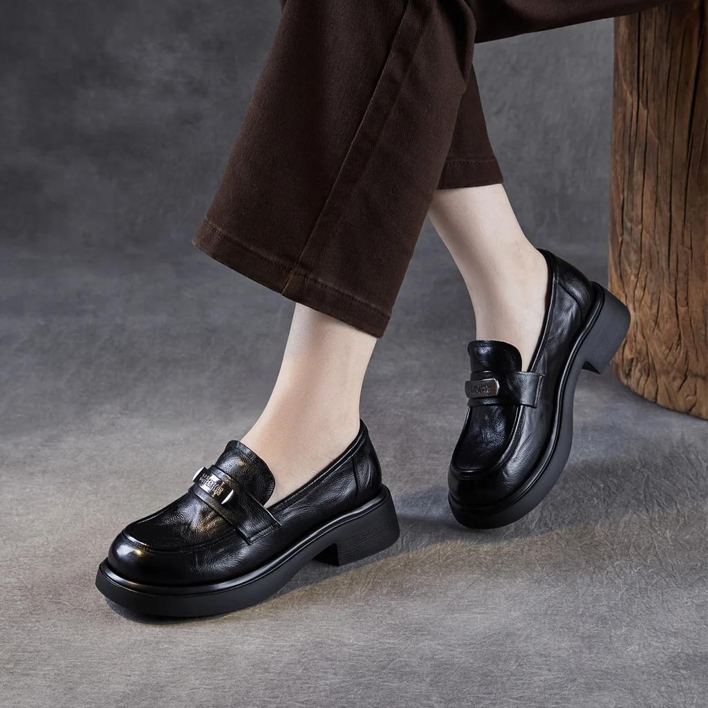 Johnature Genuine Leather Women's Shoes Soft Soled Loafers British Style Thick Soled Slip-on Shoes