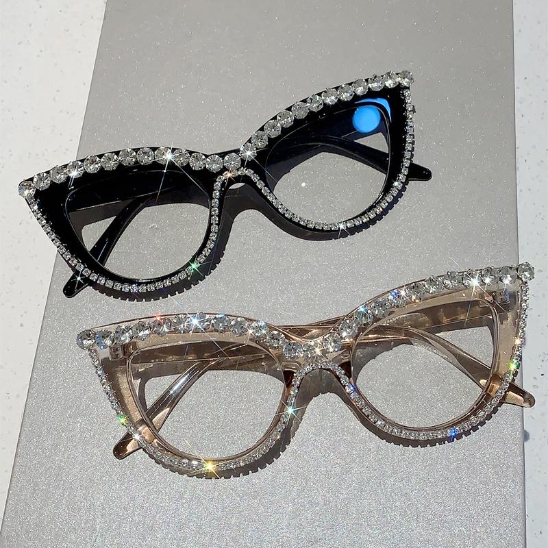 KAMMPT Retro Cat Eye Glasses With Rhinestones for Women New Stylish Trendy Luxury Brand Designer Oversized Spectacles