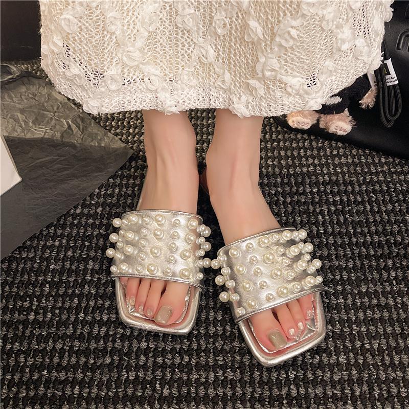 Low Heel Sandals Summer New Square Head Open Toe Pearl Soft Sole Anti-slip Wear-resistant Square Heel Shoes