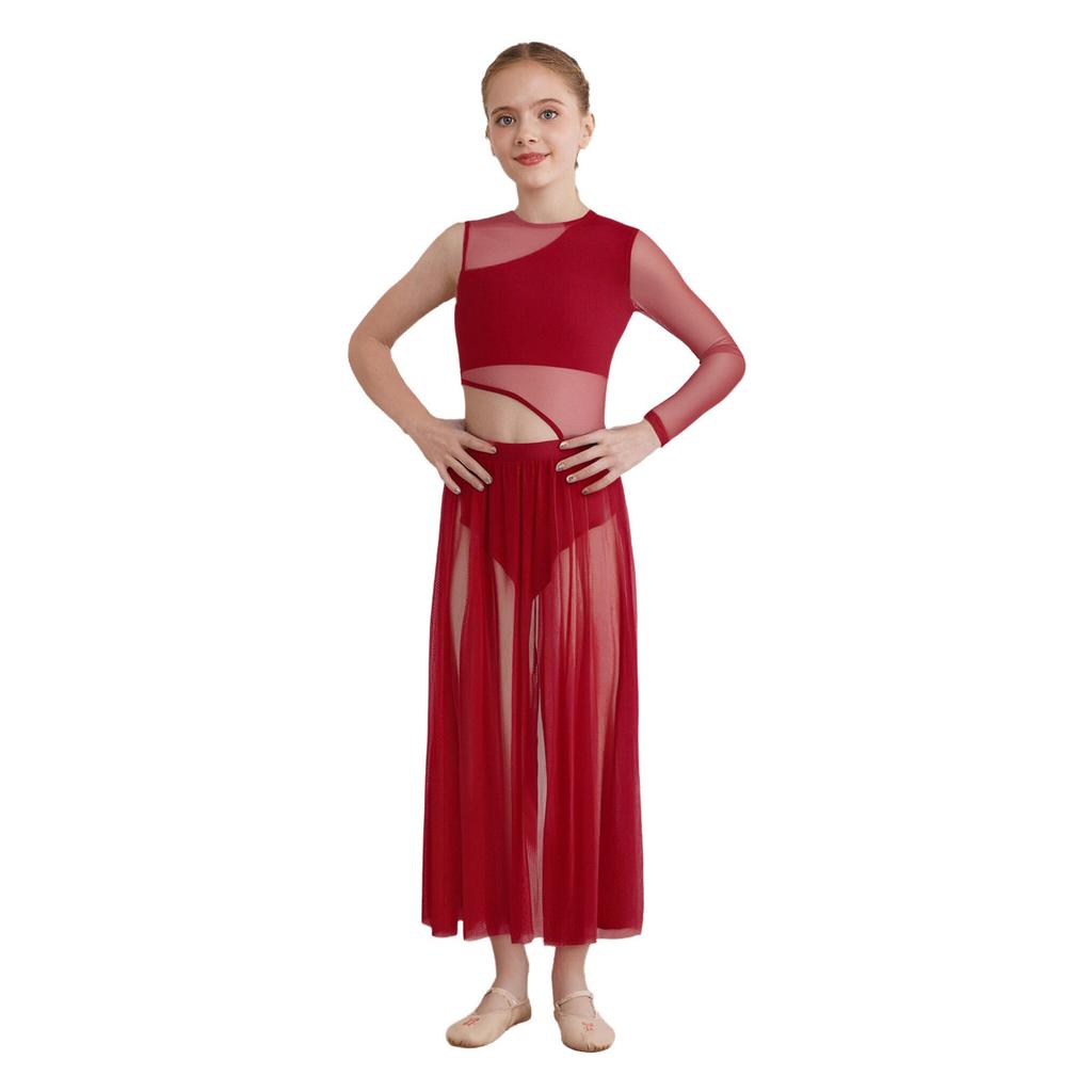 Mädchen Lyrisches Bühnenkostüm Rundhalsausschnitt Cutout-Design Patchwork-Seiten Sheer Mesh Asymmetrisches Tanzkleid