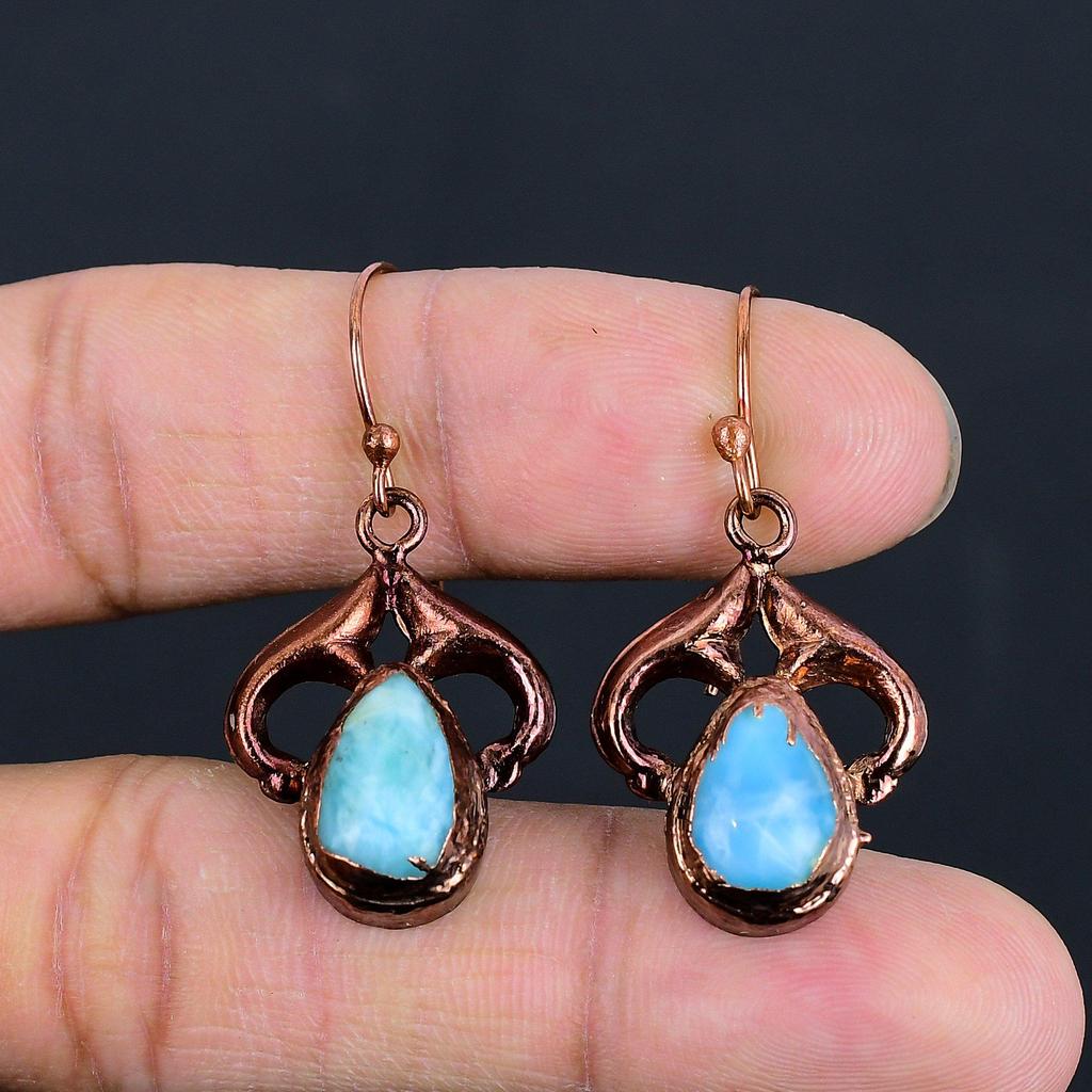 Larimar Earrings, Copper Electroformed Jewelry, Gemstone Earrings, Gift For Her Handmade Dainty Jewelry
