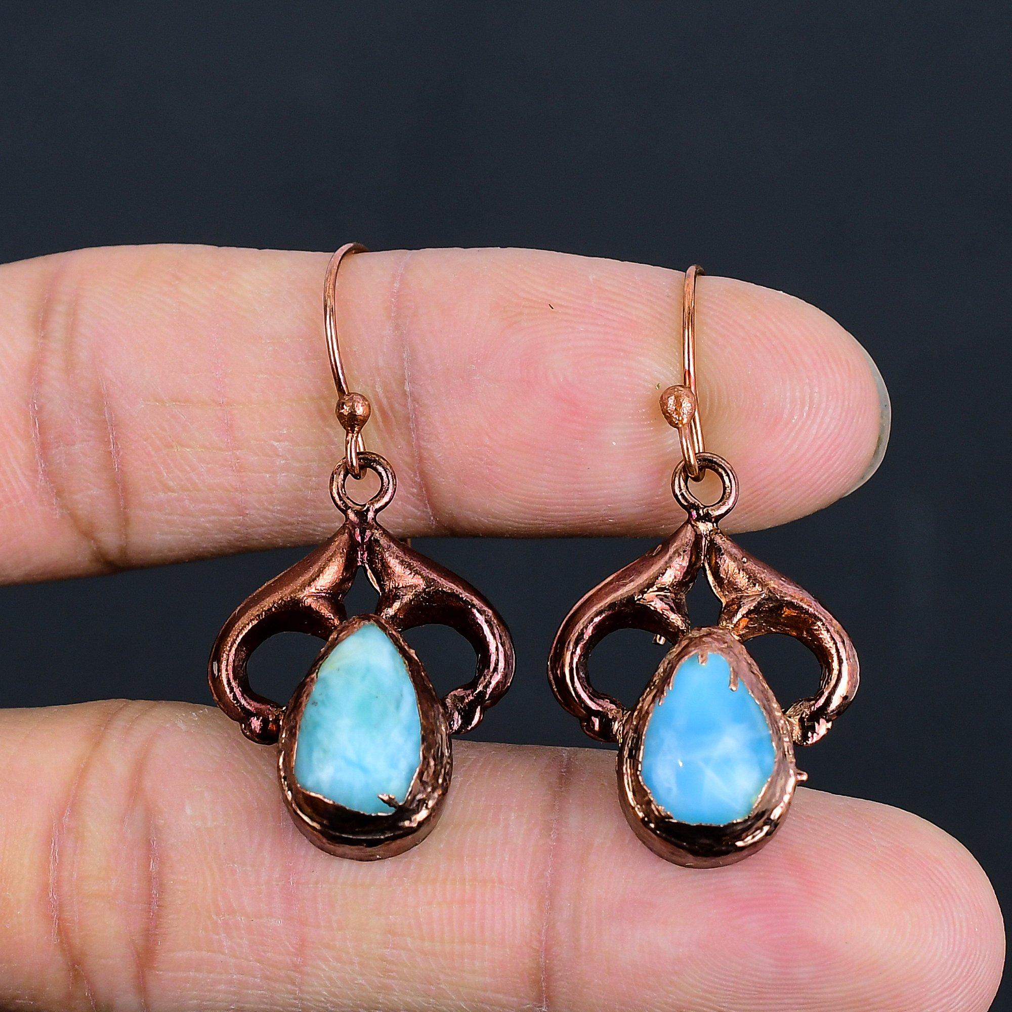 

Серьги с ларимаром, Медная гальванопластика, Серьги с драгоценными камнями, Подарок для нее, Ручная работа, Изящные украшения 2.55 Inches