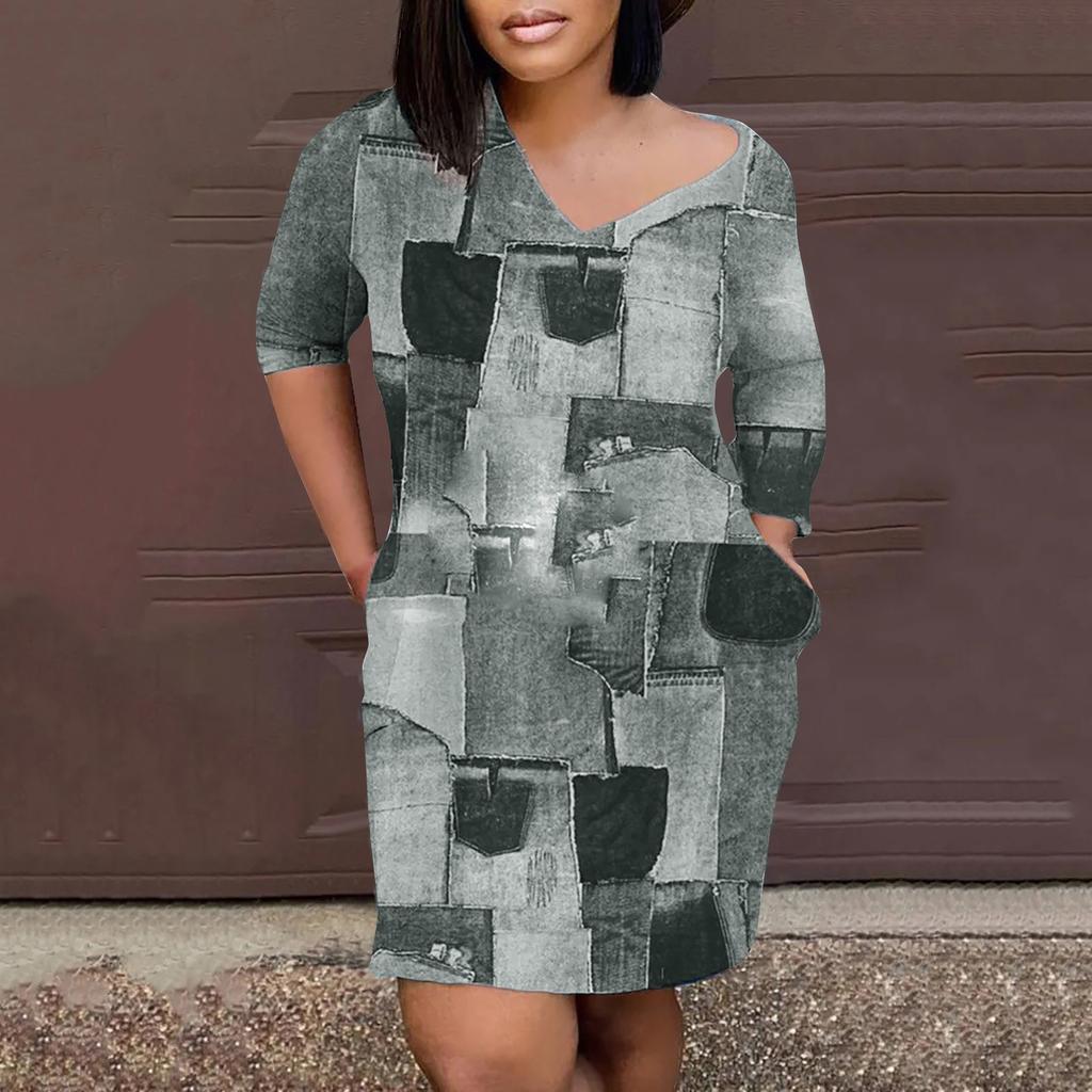 Women's Long Sleeve Pullover MIDI Skirt V-neck Loose-fitting Denim Dress