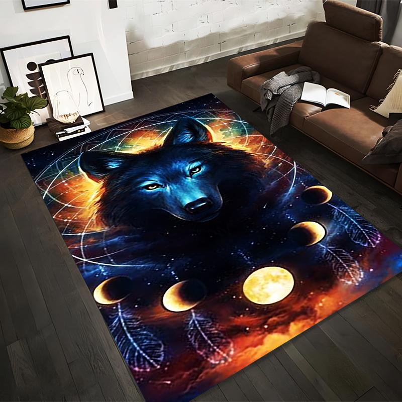 

Wolf Galaxy Carpet with Moon Phases, Tribal Feathers, and Cosmic Art Suitable for use as an anti-slip for living room bedroom sofas 40x60cm( 15x23in )
