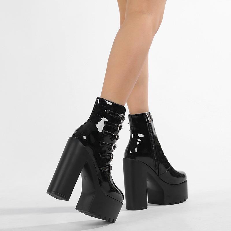 Sweet Style Women Pumps Fashion Patent Leather High Heel Boots Chunky Heel Ankle Boots Punk Style Platform Boots Mary Jane Pumps