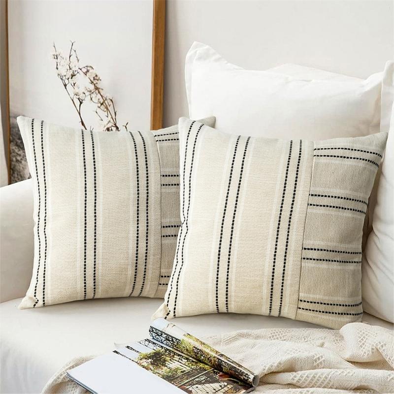 Pillow Case Polyester Cotton Beige with Color Stitching Perfectly for Sofa Bedroom Office Chair Decoration Pillowcase