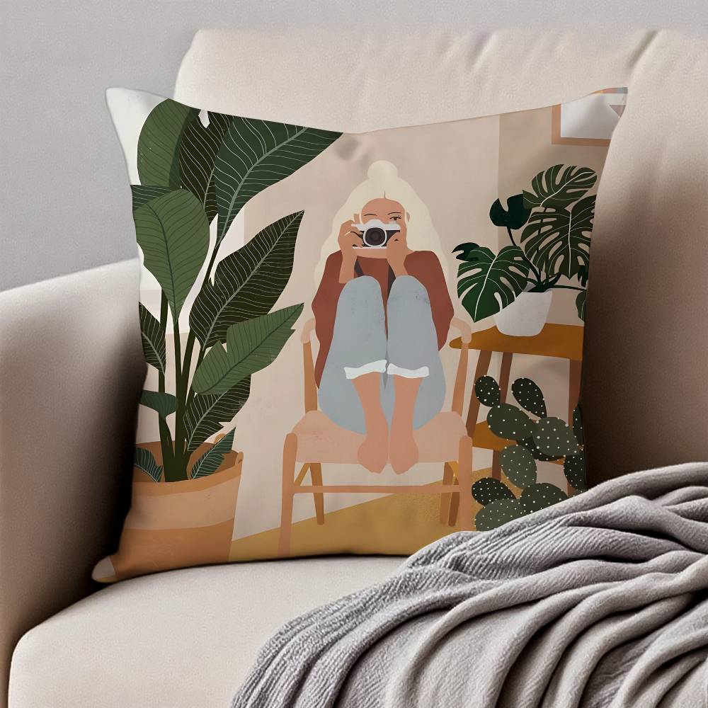 F-Blumen P-Pflanze G-Mädchen Kissenbezug Hausstaubmilben-Schutz Kissenbezug Verdeckter Reißverschluss Seidig Kurzer Plüsch Sofakissenbezug