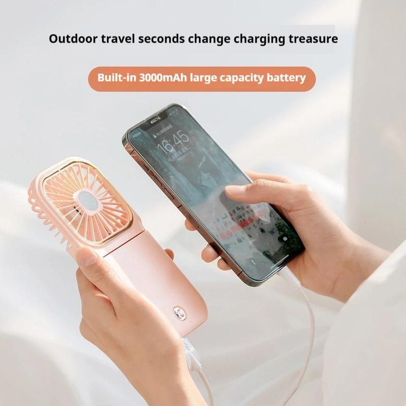 Mini Handheld Fan Folding USB Electric Fan with Phone Bracket Function 3000mAh Power Bank Hanging Neck Fan Home Appliance