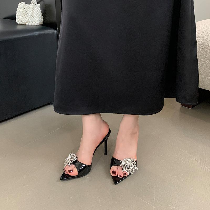 2025 Spring and Autumn New Fashion Versatile Pointed Rhinestone One-word Strap Sandals Women's Fashion Thin Heel Open-toed High Heel