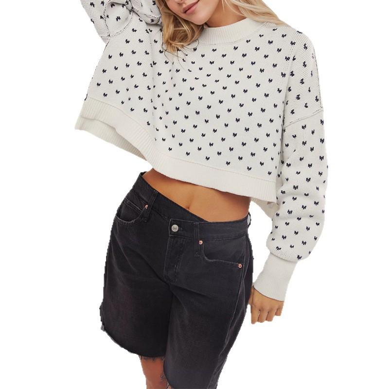 Womens Oversized Cropped Knit Sweater With Heart Motif Round Neck Long Sleeve Loose Fit Winter 2026