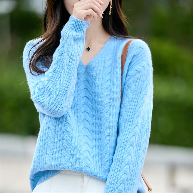 Women's Loose V-Neck Cable Knit Wool Sweater - 100% Pure Cozy Knitwear for Autumn/Winter