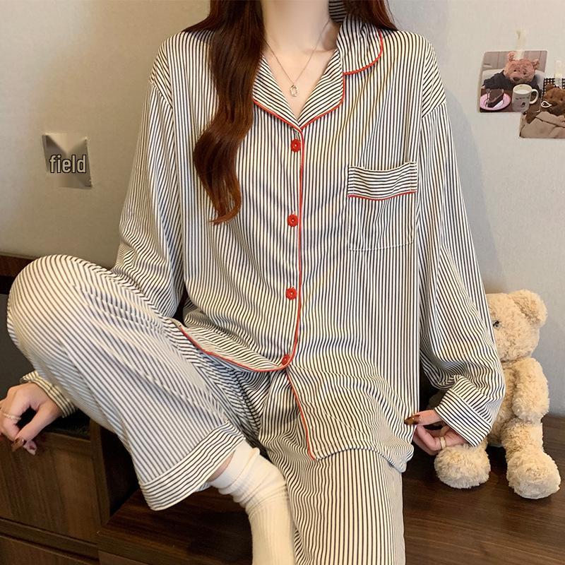 Korean Style Casual Long Sleeve Striped Pajamas for Spring/Autumn, Versatile Homewear with Fashionable, Relaxed Look.