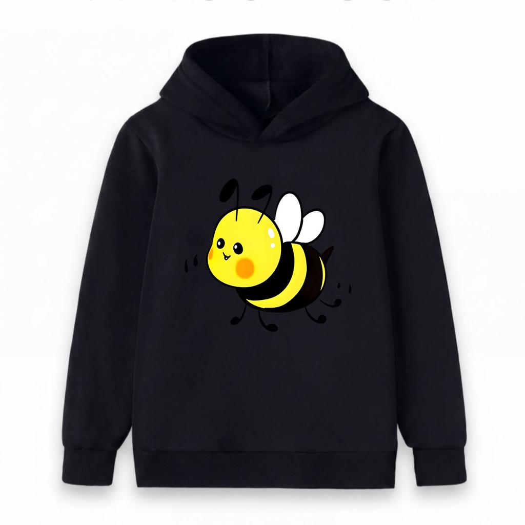 Cute Cartoon Bee Print Kids Hoodie, Unisex Boys Girls Casual Soft Pullover Sweatshirt, Comfortable Long Sleeve Hooded Top for Daily Wear and Outdoor A