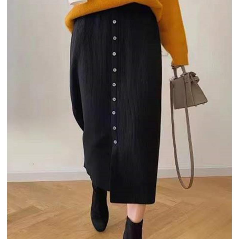 High Waisted Knitted Midi Skirt for Women Autumn New Style Front Slit Mid Length Loose Knitted Skirt