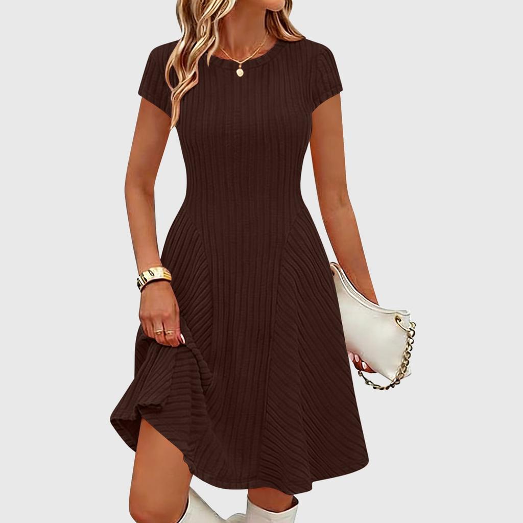 Women's Ribbed Knit Short Sleeve Round Neck Midi Dress Casual Swing Fit a Line Sundress