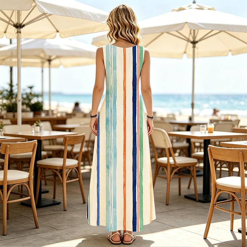 Women’s Striped Sleeveless Maxi Dress Multicolor,Lightweight Flowy Summer Dress for Picnic,Beach Getaway,Spring Fall Layering