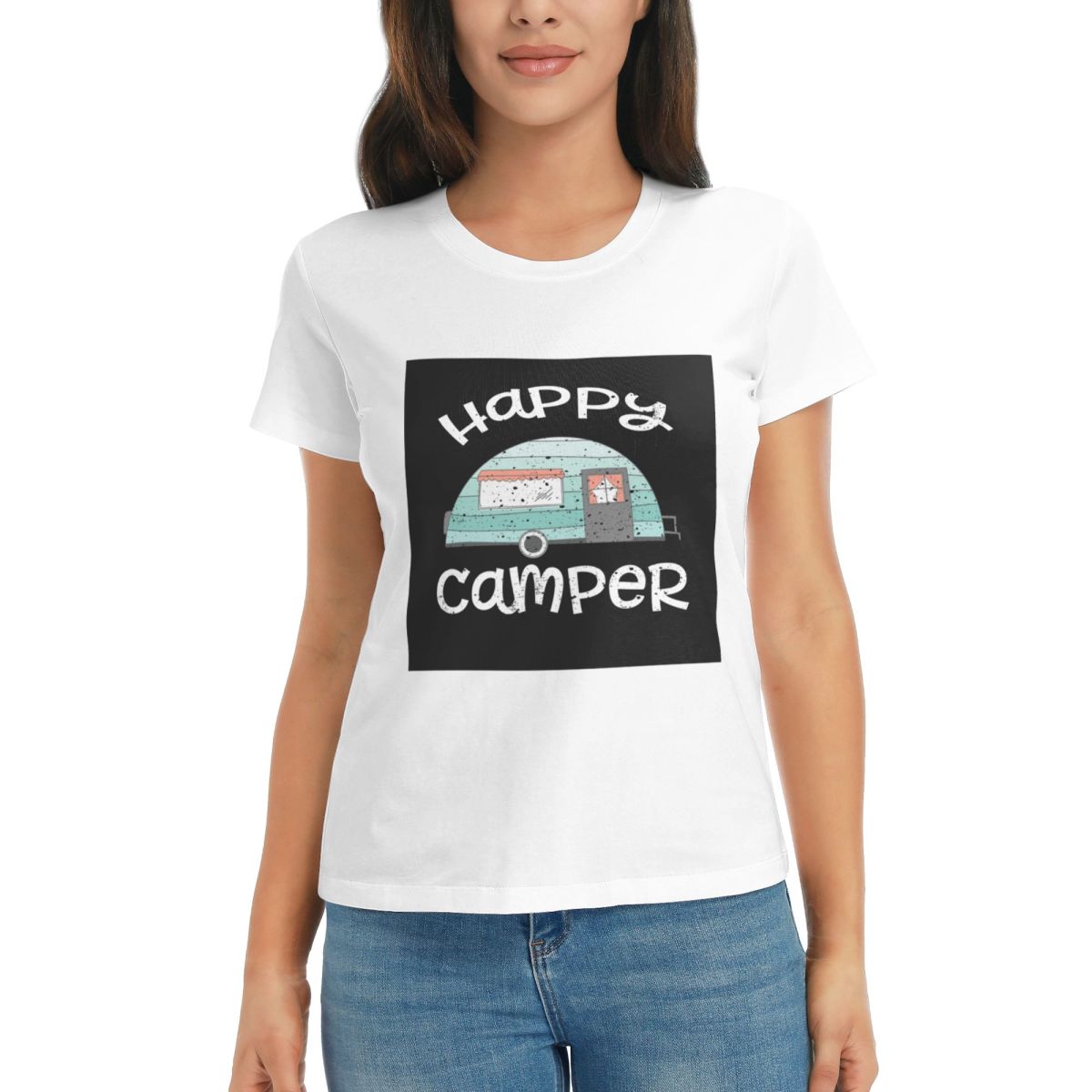 

Women TShirt Happy Camper Retro Trailer RV Caravan Camping Summer Short Sleeve Tees Crew Neck T Shirts Clothes Tops Streetwear S