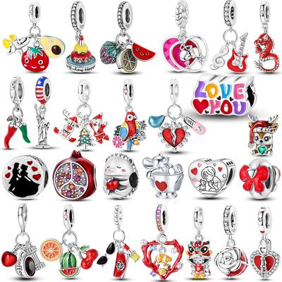 Rode Kleur Serie Charms Kralen Koper Bloed Hart Liefde Auto Aardbei Fruit Dangle Passend Originele Armband Armbanden Doe-het-zelf Sieraden