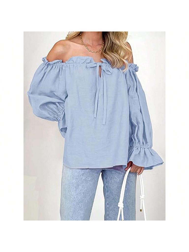 Damen Schulterfrei Bluse Langarm Rüschen Tunika Top Elegant Lässig