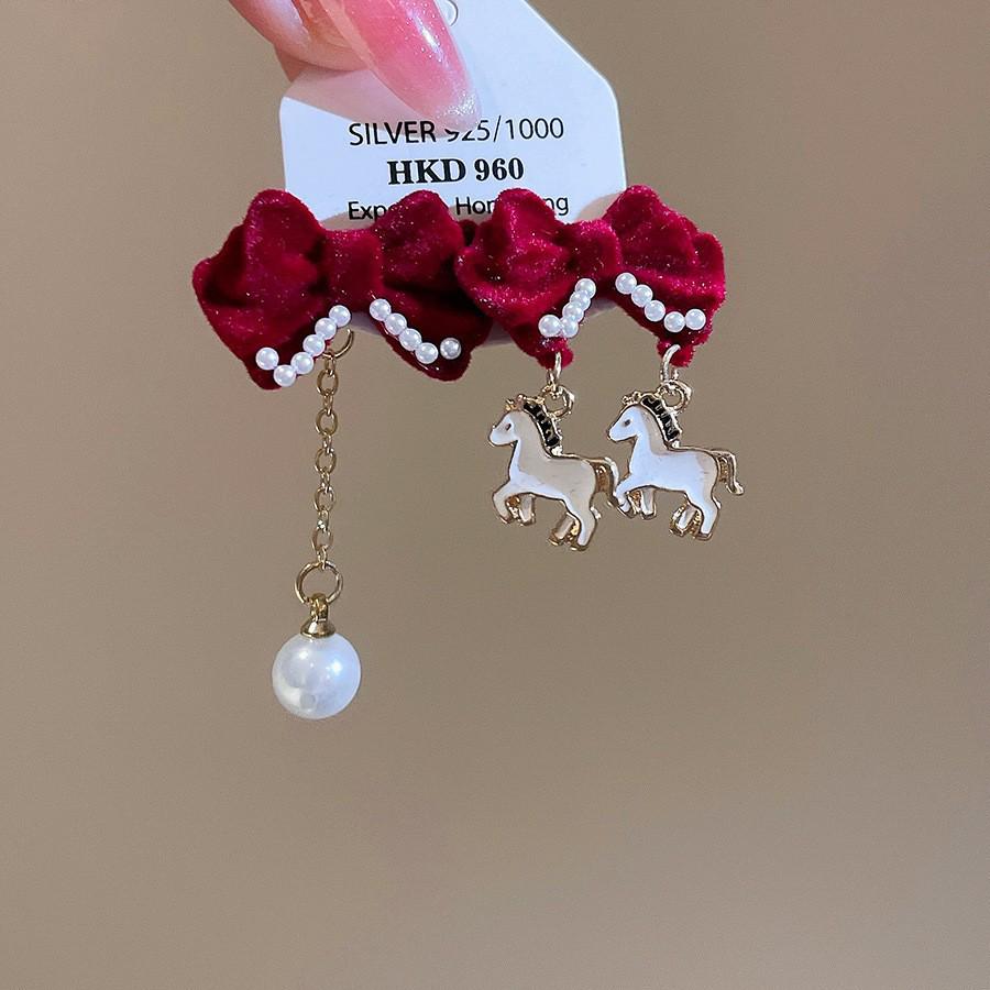 Zodiac Year Zircon Pearl Horse Earrings - Luxurious, Modern Studs for Women