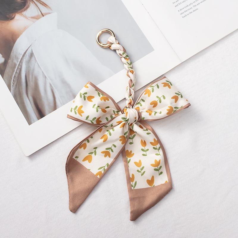 Silk Scarf Keychain with Horseshoe Buckle and Ribbon Bow for Bags and Cars