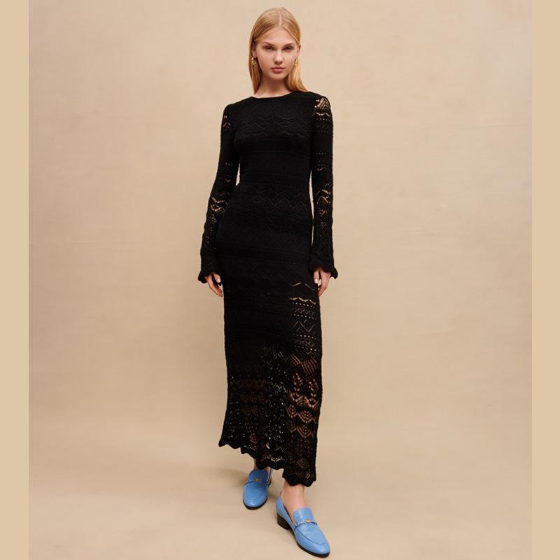2023 Summer French Elegant Long Black Knit Crochet Dress S